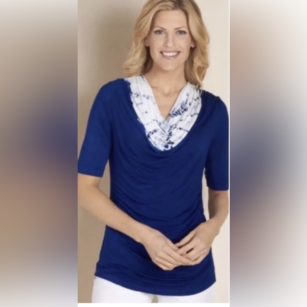 Soft Surroundings Top 1X Cowl Neck Tie Dye Blue Jersey Soft Vacation Beach USA